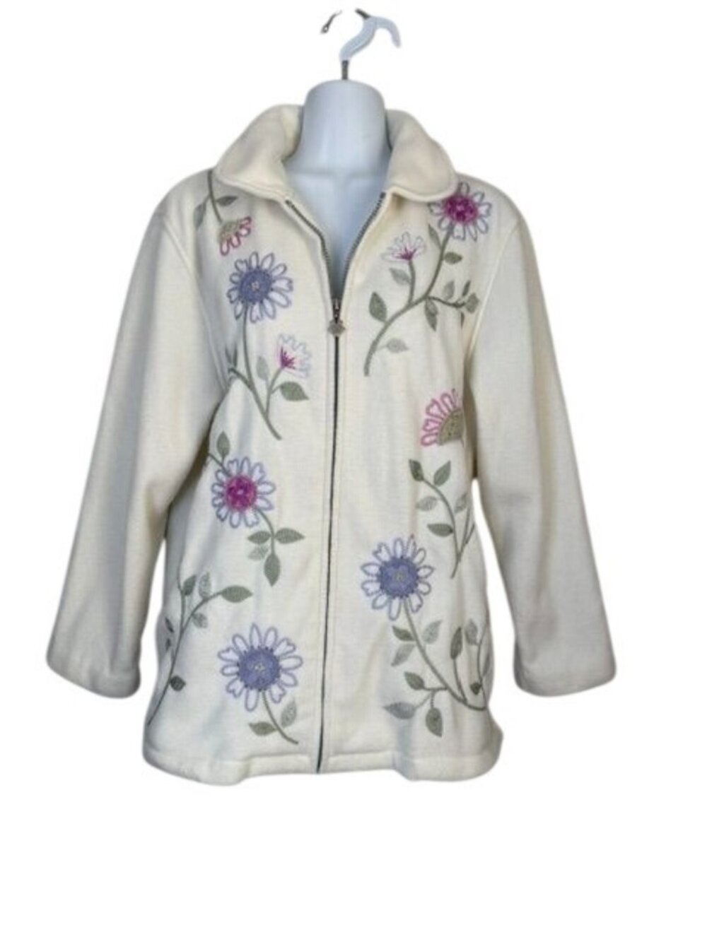 Alfred Dunner Fleece Full Zip Jacket Small Ivory Embroidered Floral Grandma Core